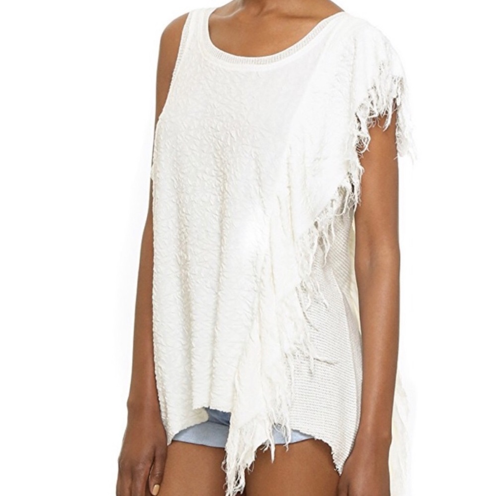 Free People Asymmetrical Cream Fringe Shirt